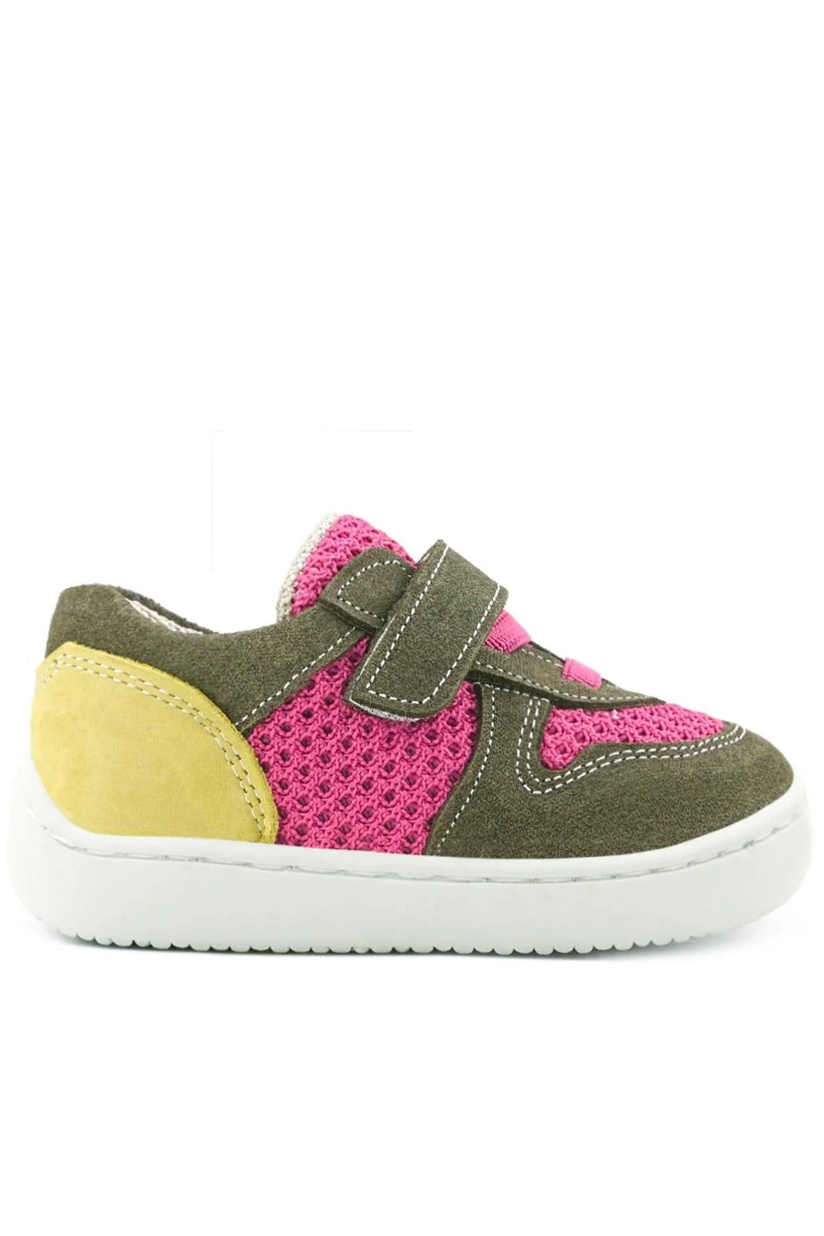 Rakerplus Bob Hakiki Deri Haki Yeşil Pembe Barefoot Cırtlı Lastikli Bebek Sneaker Ayakkabı