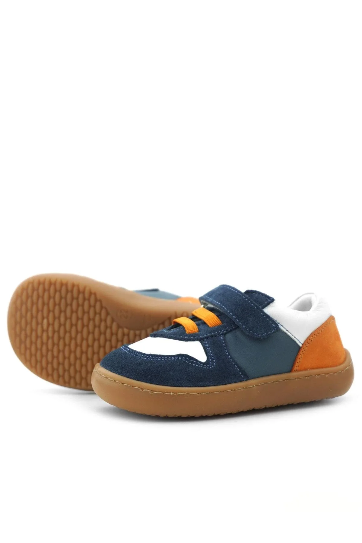 Rakerplus Bob Hakiki Deri Lacivert Beyaz Barefoot Cırtlı Lastikli Bebek Sneaker Ayakkabı