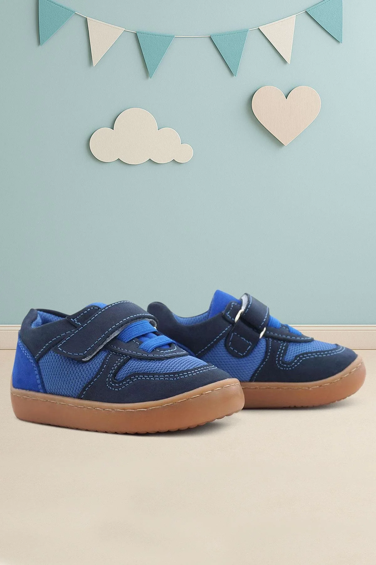 Rakerplus Bob Hakiki Deri Lacivert Mavi Barefoot Cırtlı Lastikli Bebek Sneaker Ayakkabı