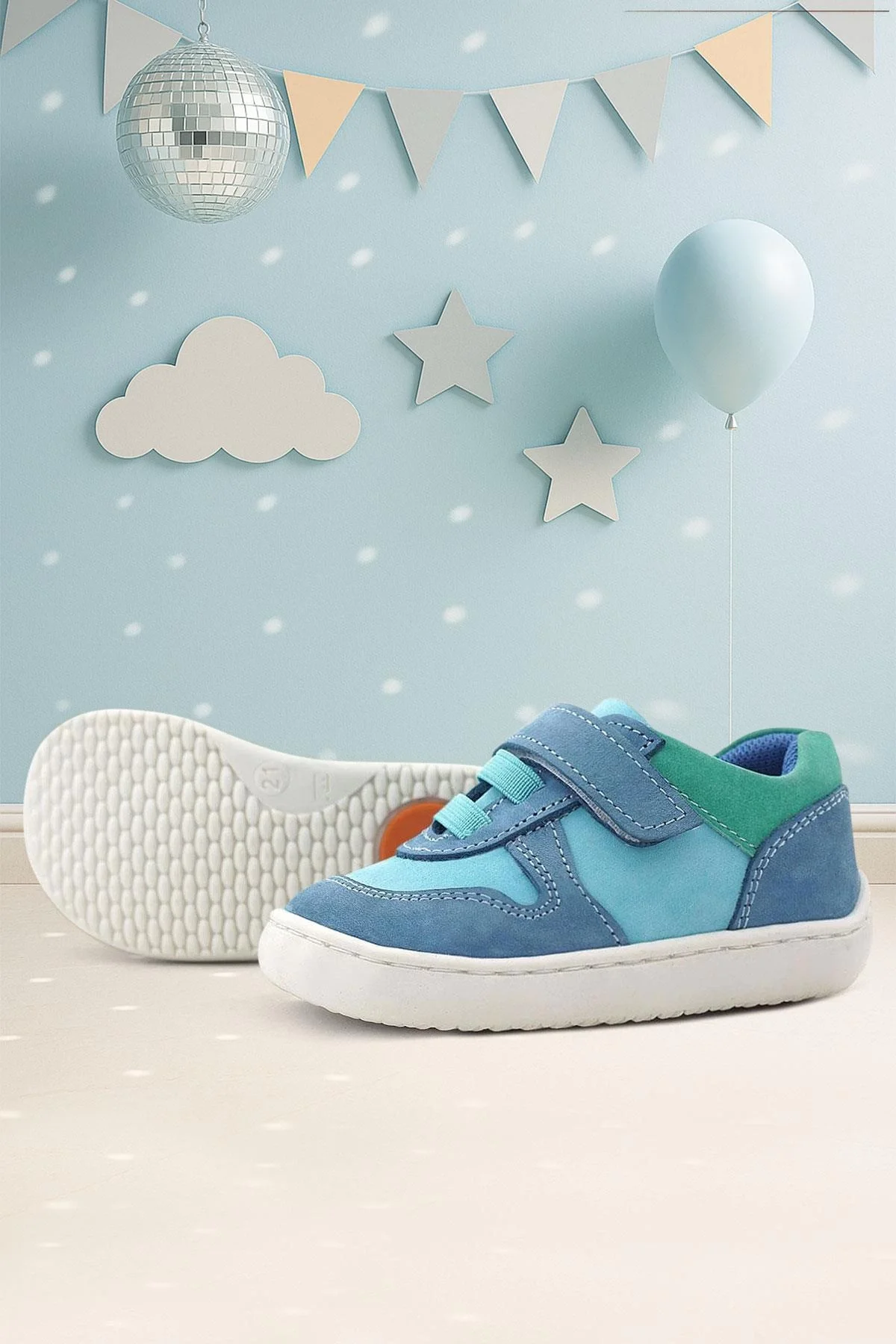 Rakerplus Bob Hakiki Deri Mavi Yeşil Barefoot Cırtlı Lastikli Bebek Sneaker Ayakkabı