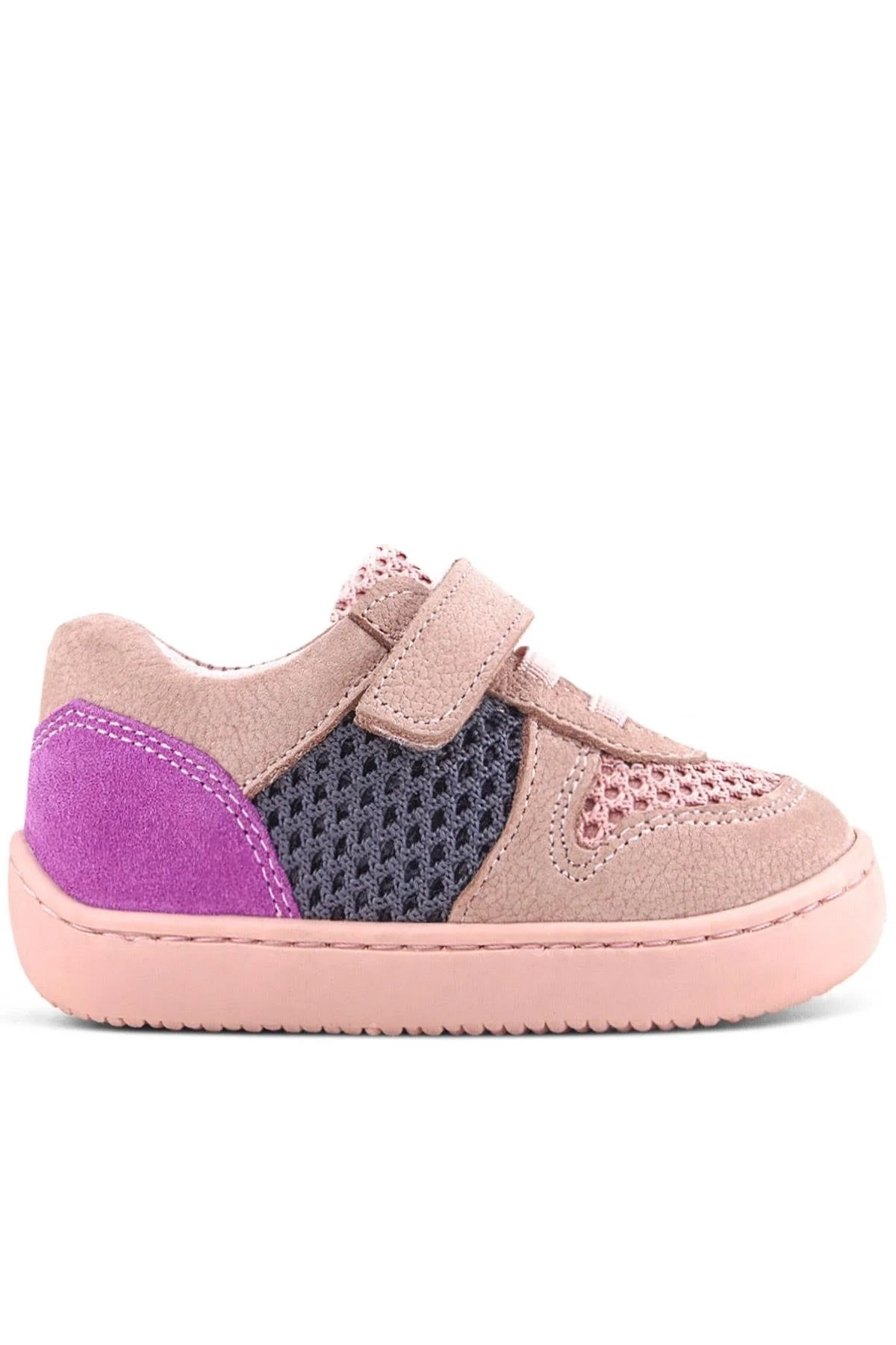 Rakerplus Bob Hakiki Deri Pudra Gri Mor Barefoot Cırtlı Lastikli Bebek Sneaker Ayakkabı