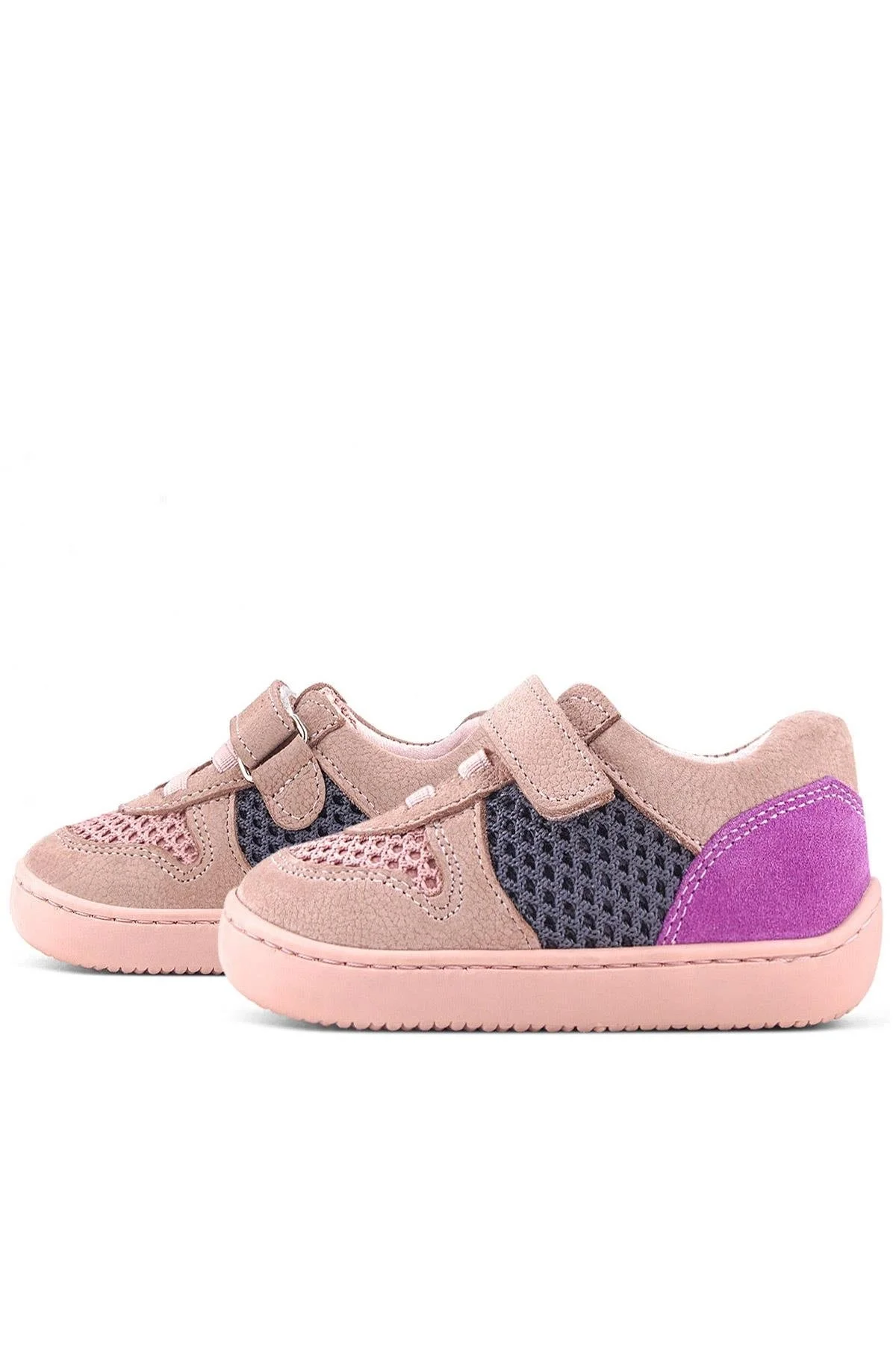 Rakerplus Bob Hakiki Deri Pudra Gri Mor Barefoot Cırtlı Lastikli Bebek Sneaker Ayakkabı