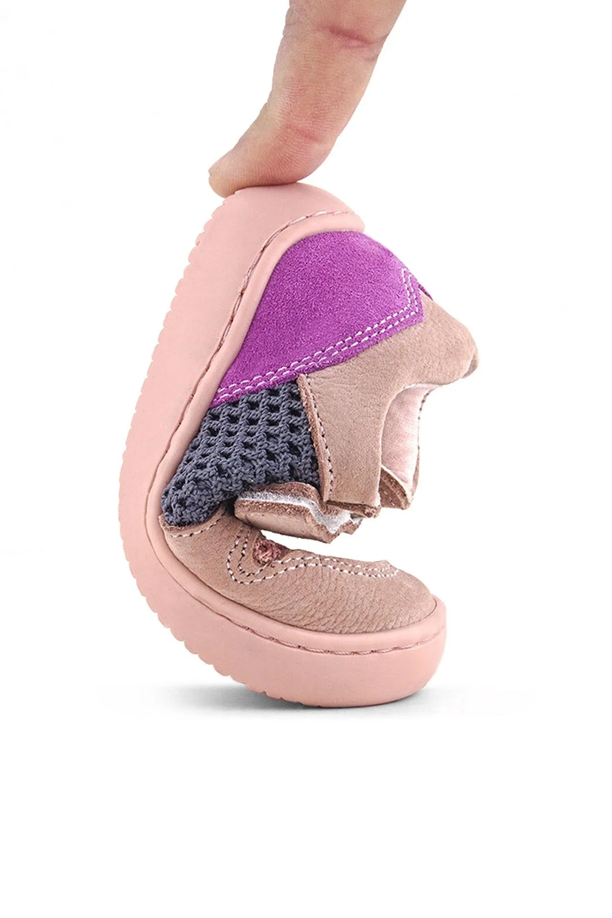 Rakerplus Bob Hakiki Deri Pudra Gri Mor Barefoot Cırtlı Lastikli Bebek Sneaker Ayakkabı