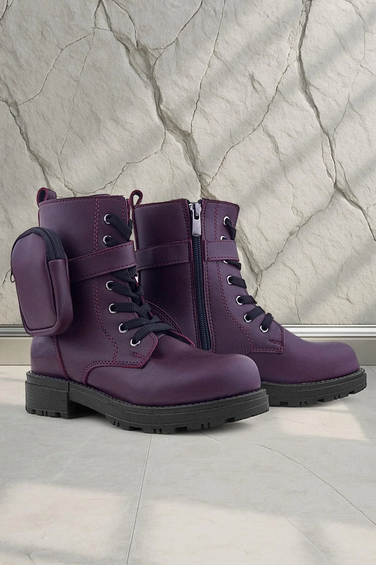 Rakerplus Bordo Fermuarlı Bağcıklı Cüzdanlı Kız Çocuk Bot