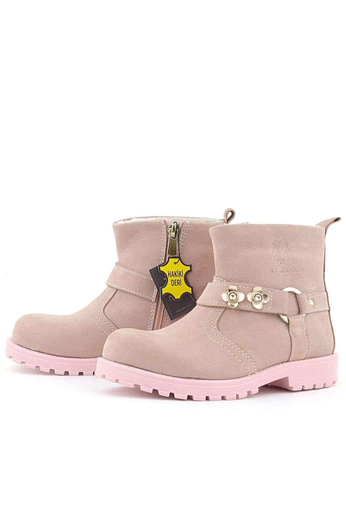 Rakerplus Chiron Hakiki Deri Pembe Fermuarlı Çiçekli Kız Çocuk Bot