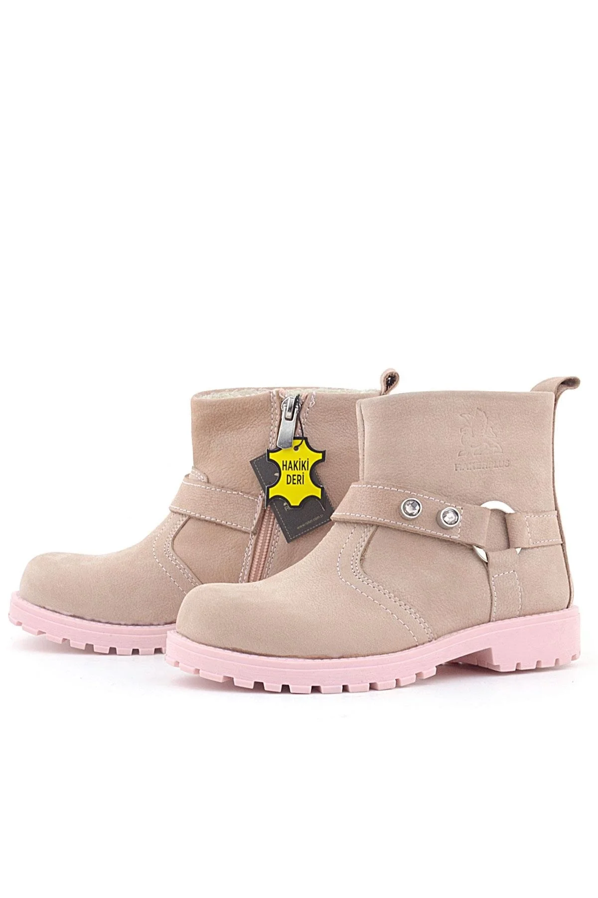 Rakerplus Chiron Hakiki Deri Pembe Fermuarlı Taşlı Kız Çocuk Bot