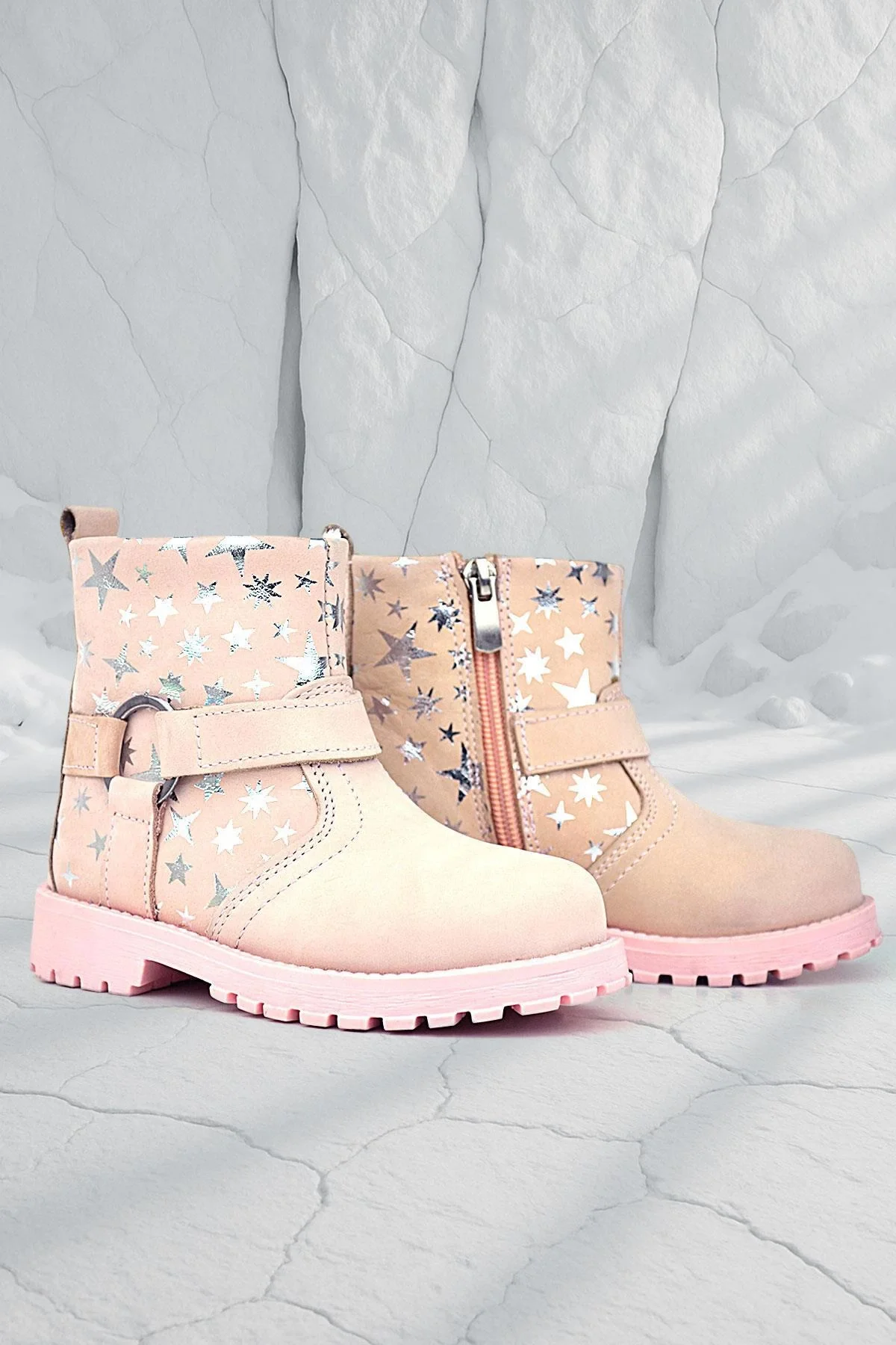 Rakerplus Chiron Hakiki Deri Pudra Yıldız Desenli Fermuarlı Kürklü Kız Çocuk Bot