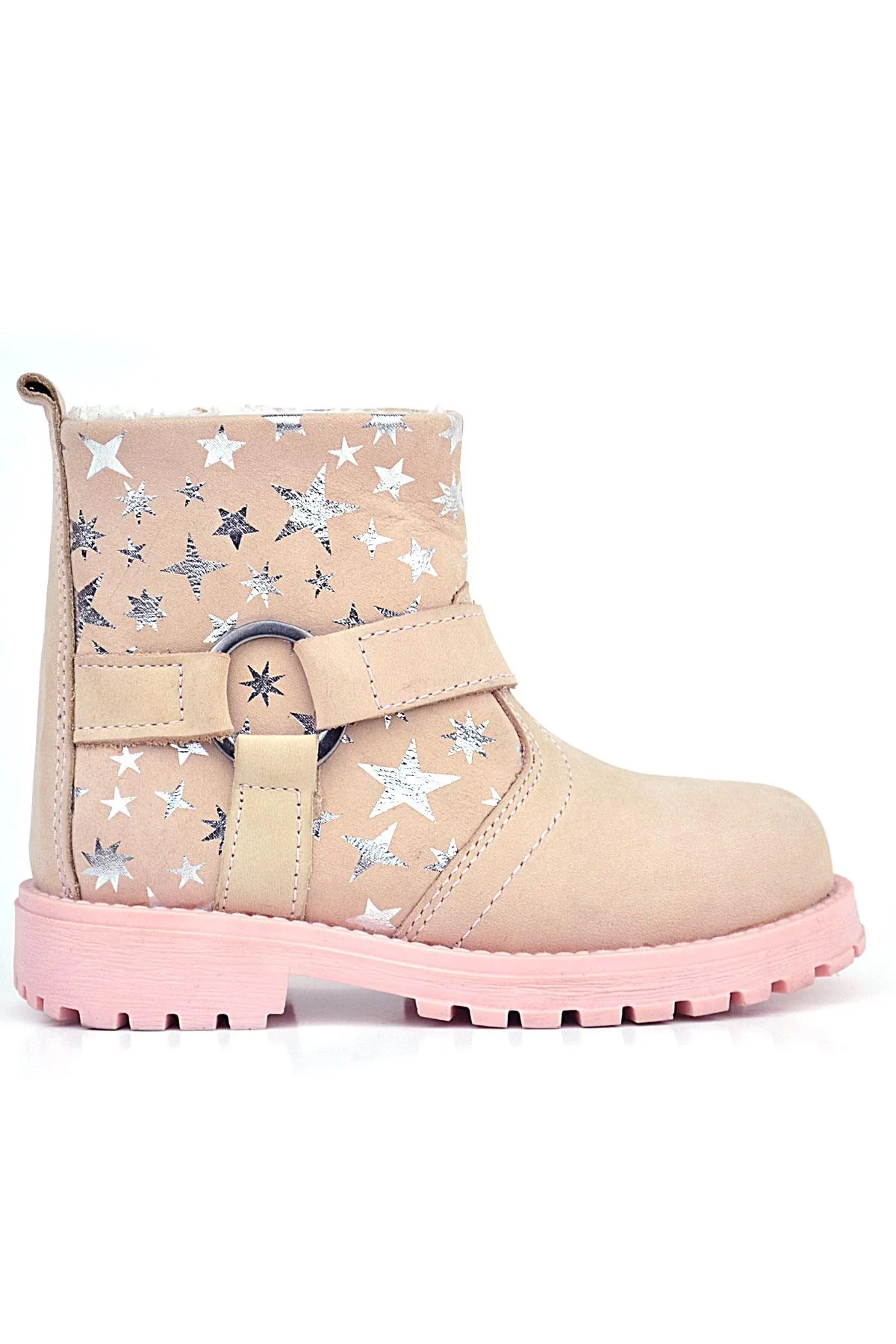Rakerplus Chiron Hakiki Deri Pudra Yıldız Desenli Fermuarlı Kürklü Kız Çocuk Bot