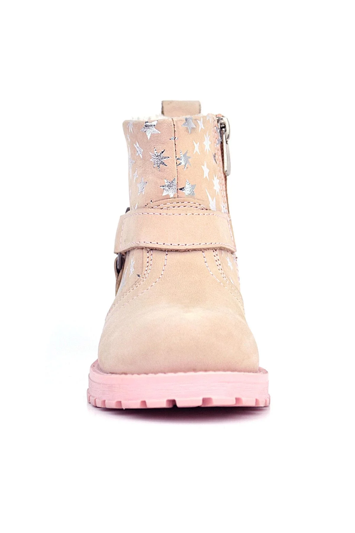 Rakerplus Chiron Hakiki Deri Pudra Yıldız Desenli Fermuarlı Kürklü Kız Çocuk Bot