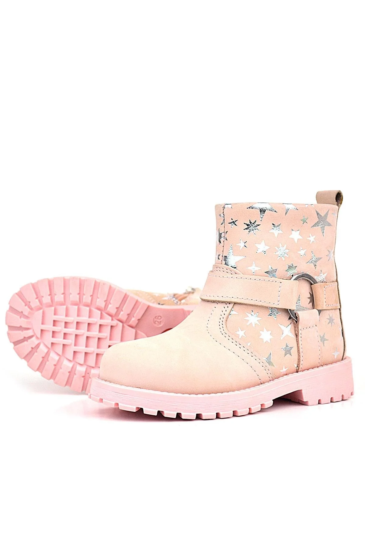Rakerplus Chiron Hakiki Deri Pudra Yıldız Desenli Fermuarlı Kürklü Kız Çocuk Bot