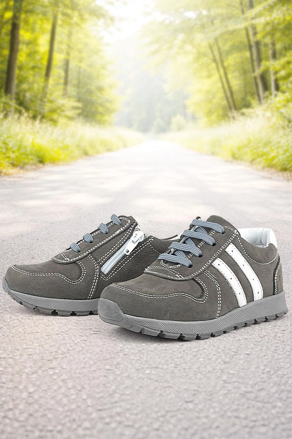 Rakerplus Deri Gri Fermuarlı Spor Ayakkabı Sneaker