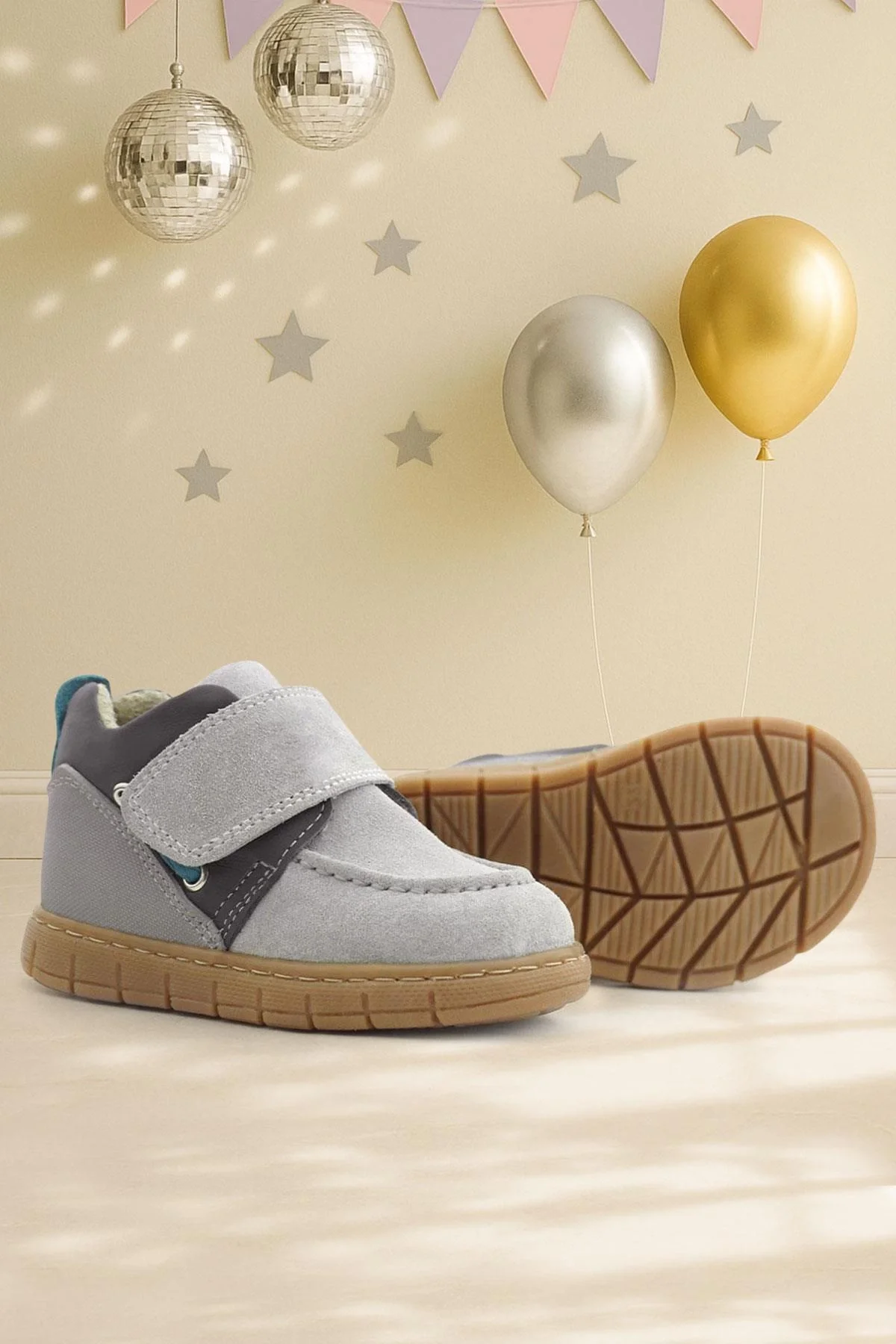 Rakerplus Hakiki Deri Açık Gri Mavi Cırt Cırtlı Bebek Bot