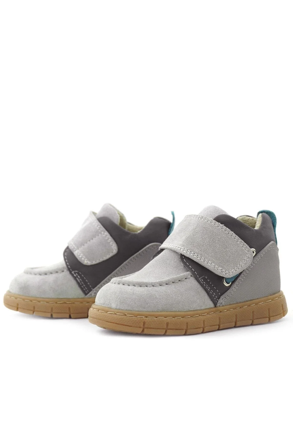 Rakerplus Hakiki Deri Açık Gri Mavi Cırt Cırtlı Bebek Bot