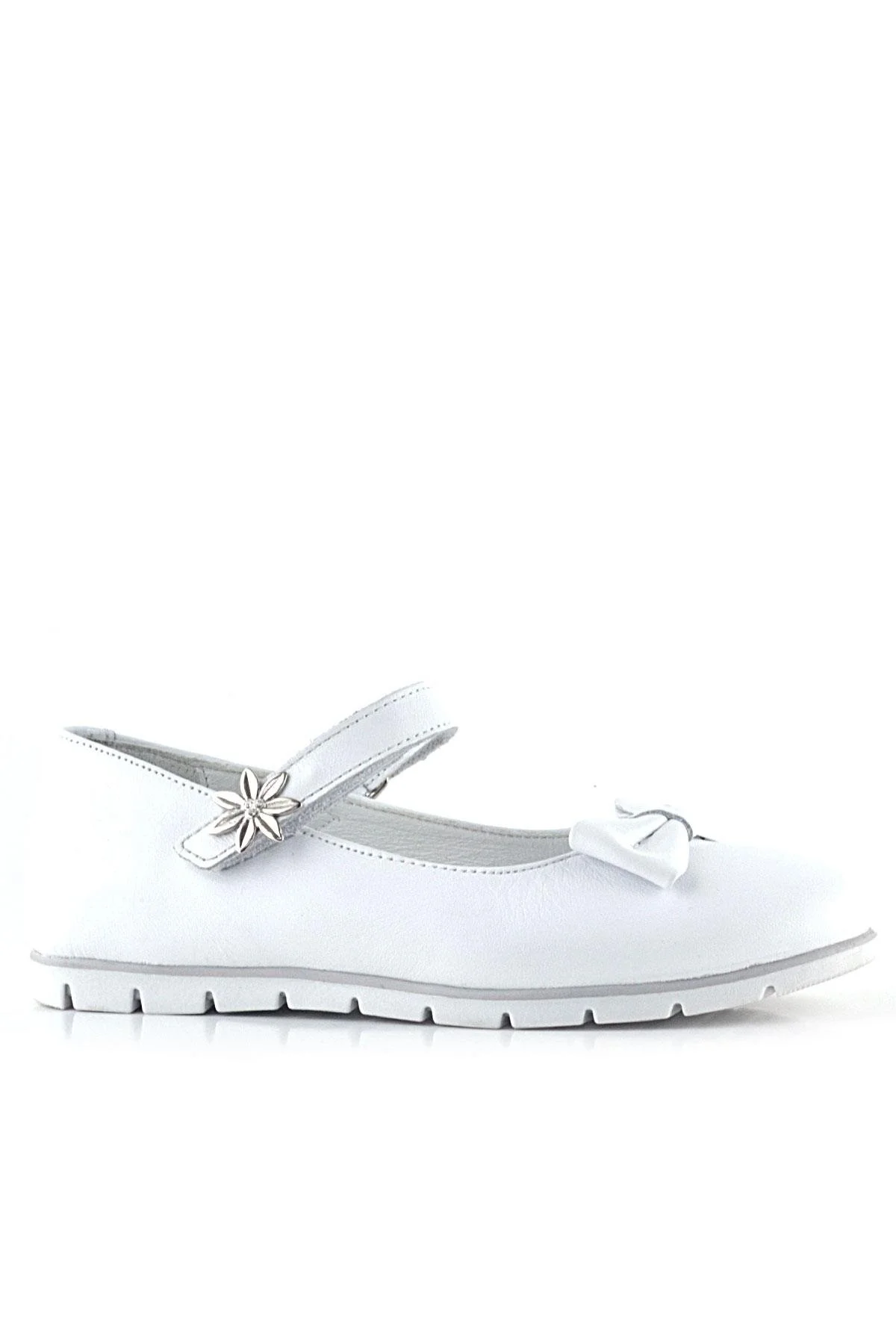 Rakerplus Hakiki Deri Beyaz Cırtlı Çiçek Detaylı Kız Çocuk Babet Ayakkabı