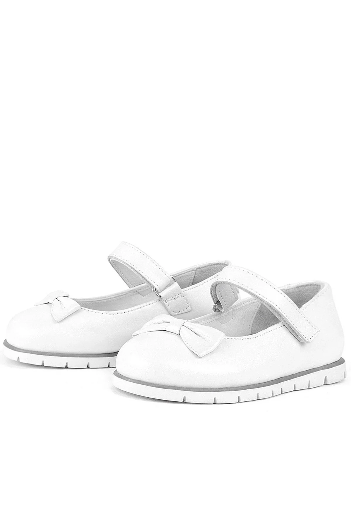 Rakerplus Hakiki Deri Beyaz Fiyonklu Cırtlı Kız Çocuk Babet Ayakkabı