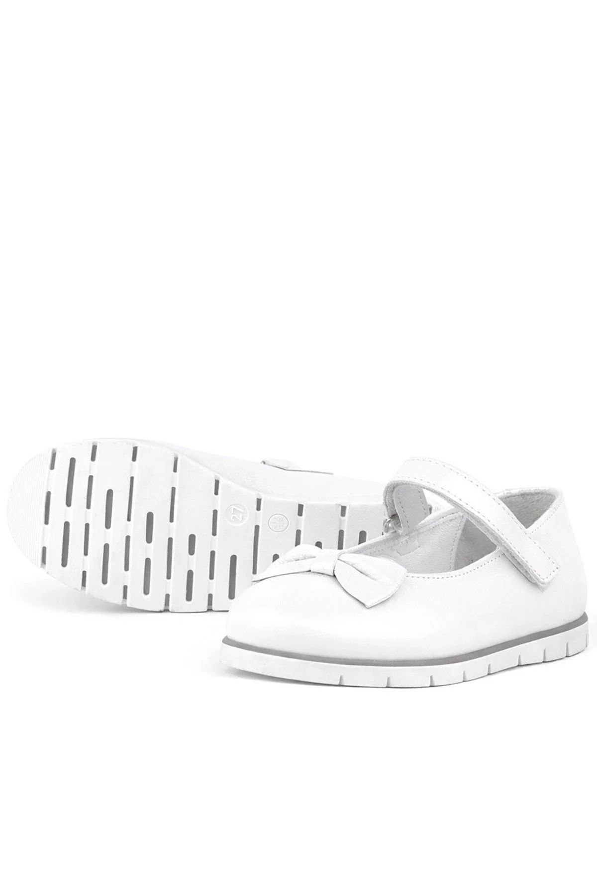 Rakerplus Hakiki Deri Beyaz Fiyonklu Cırtlı Kız Çocuk Babet Ayakkabı