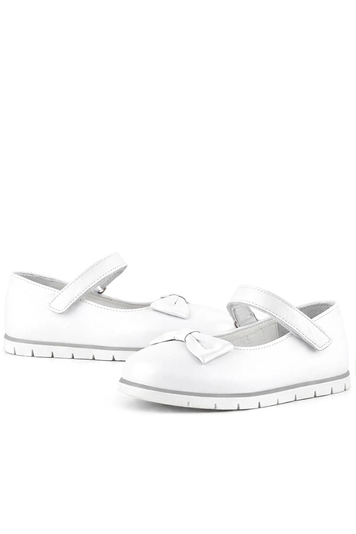 Rakerplus Hakiki Deri Beyaz Fiyonklu Cırtlı Kız Çocuk Babet Ayakkabı