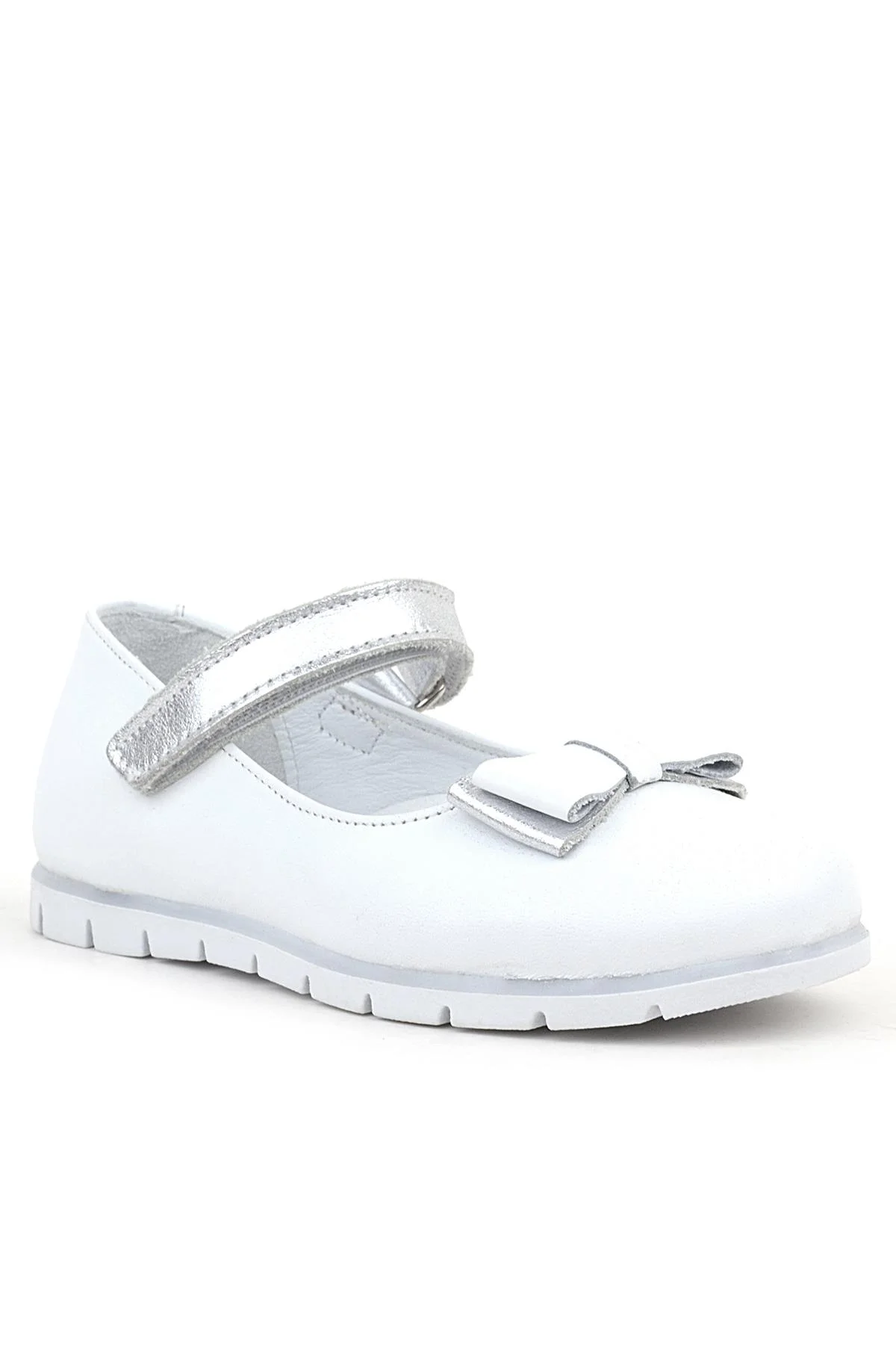 Rakerplus Hakiki Deri Beyaz Gümüş Fiyonklu Cırtlı Kız Çocuk Babet
