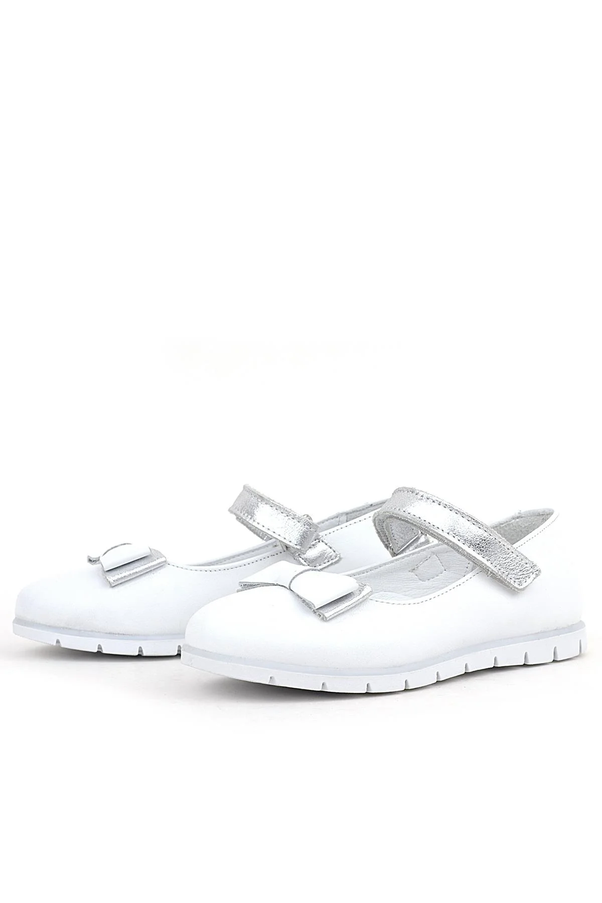 Rakerplus Hakiki Deri Beyaz Gümüş Fiyonklu Cırtlı Kız Çocuk Babet