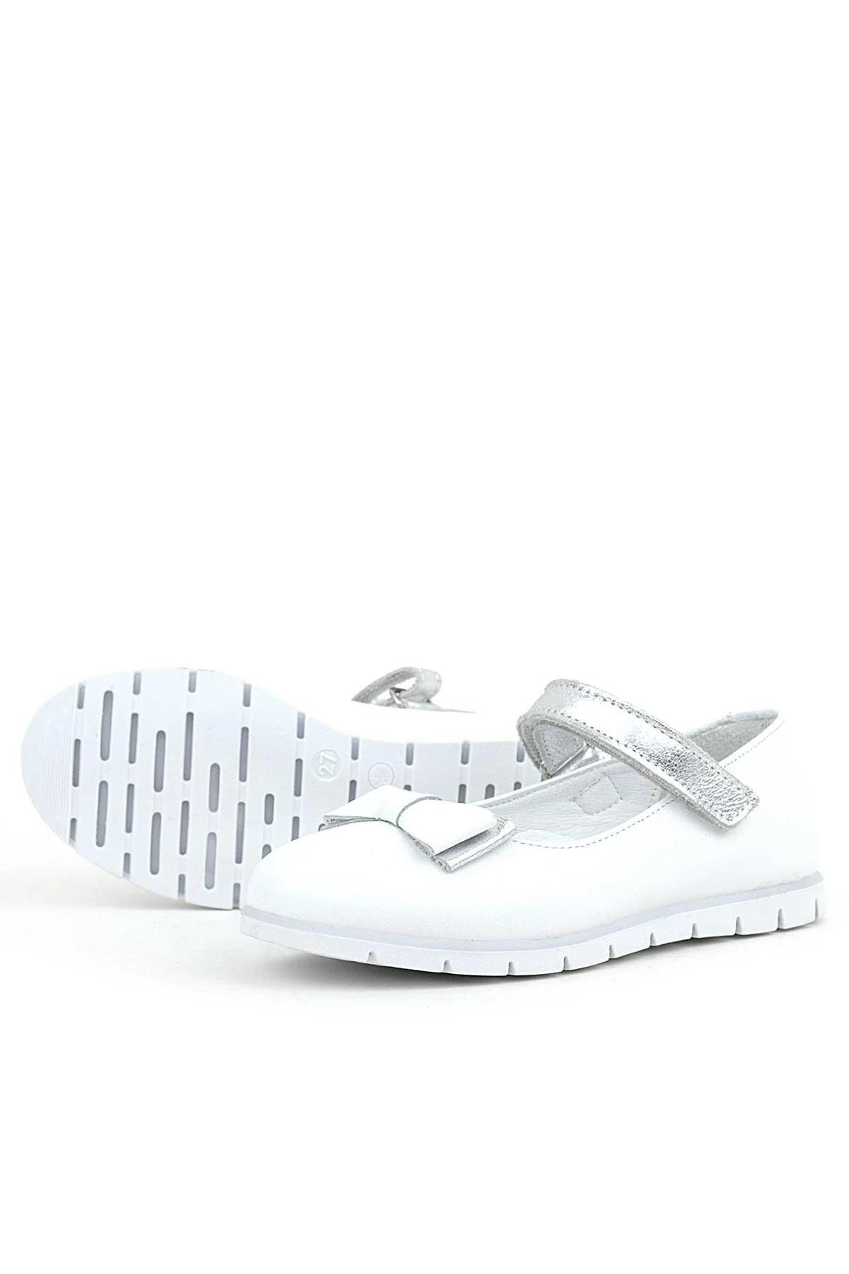 Rakerplus Hakiki Deri Beyaz Gümüş Fiyonklu Cırtlı Kız Çocuk Babet