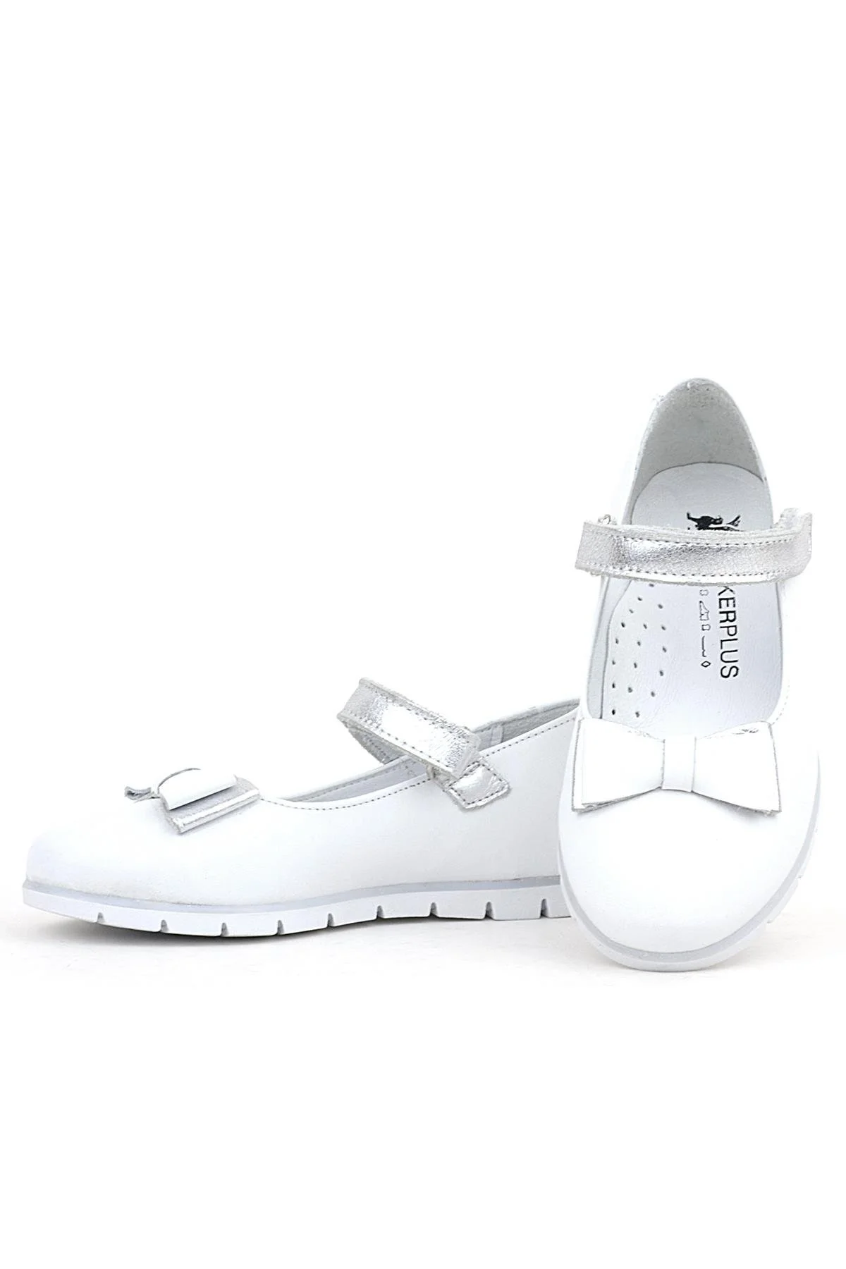 Rakerplus Hakiki Deri Beyaz Gümüş Fiyonklu Cırtlı Kız Çocuk Babet