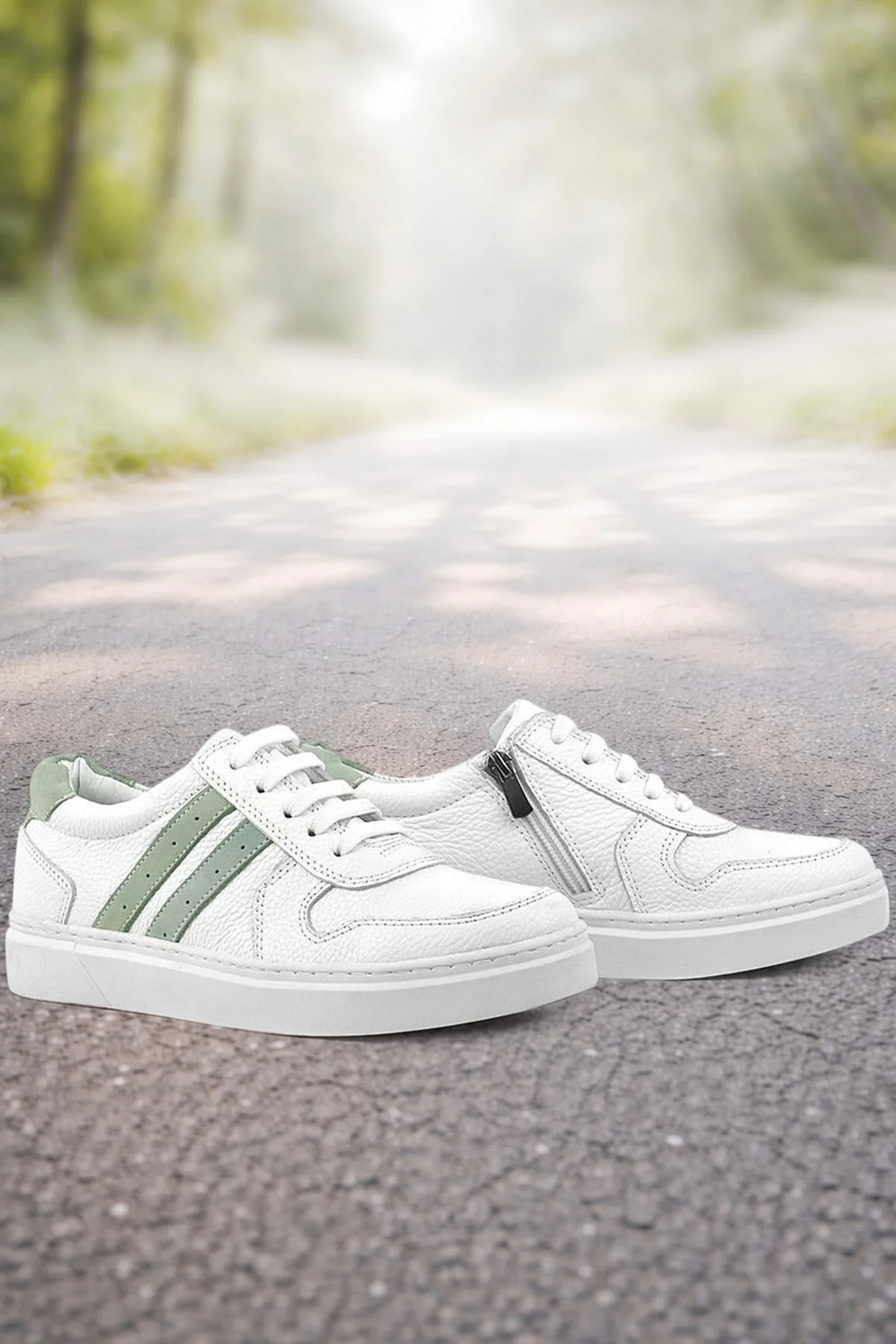 Rakerplus Hakiki Deri Beyaz Yeşil Bağcıklı Fermuarlı Çocuk Sneaker