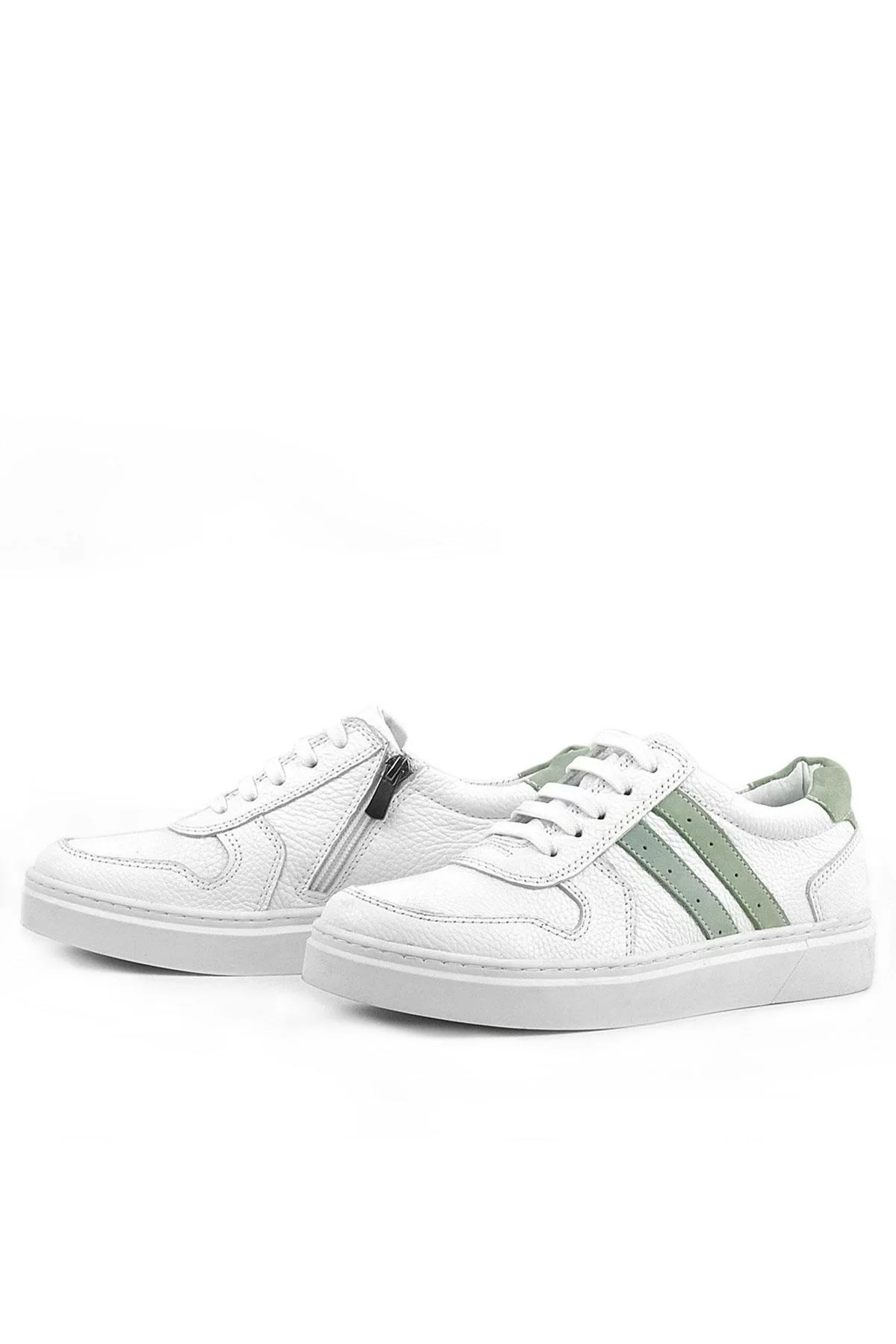 Rakerplus Hakiki Deri Beyaz Yeşil Bağcıklı Fermuarlı Çocuk Sneaker