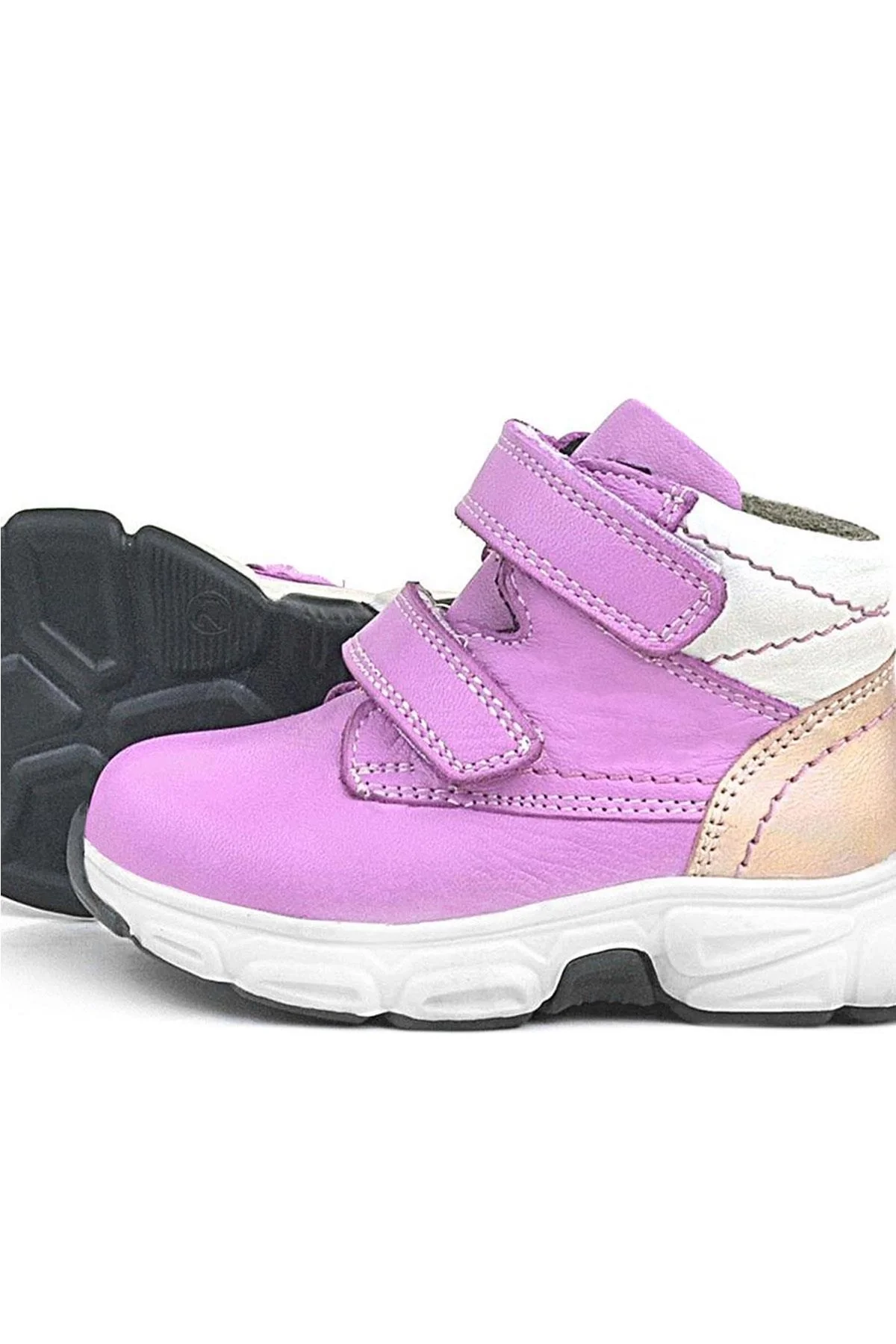 Rakerplus Hakiki Deri Fuşya Pembe Cırtlı Kız Bebek Bot Ayakkabı