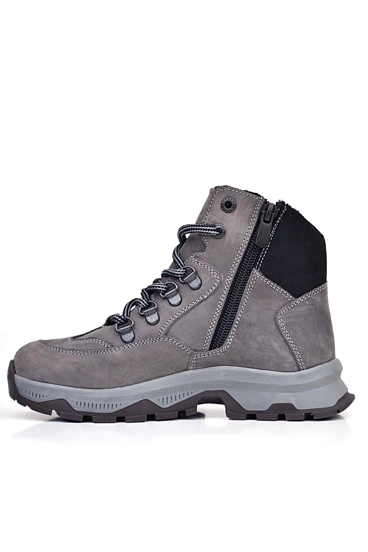 Rakerplus Hakiki Deri Gri Bağcıklı Fermuarlı Trekking Çocuk Bot