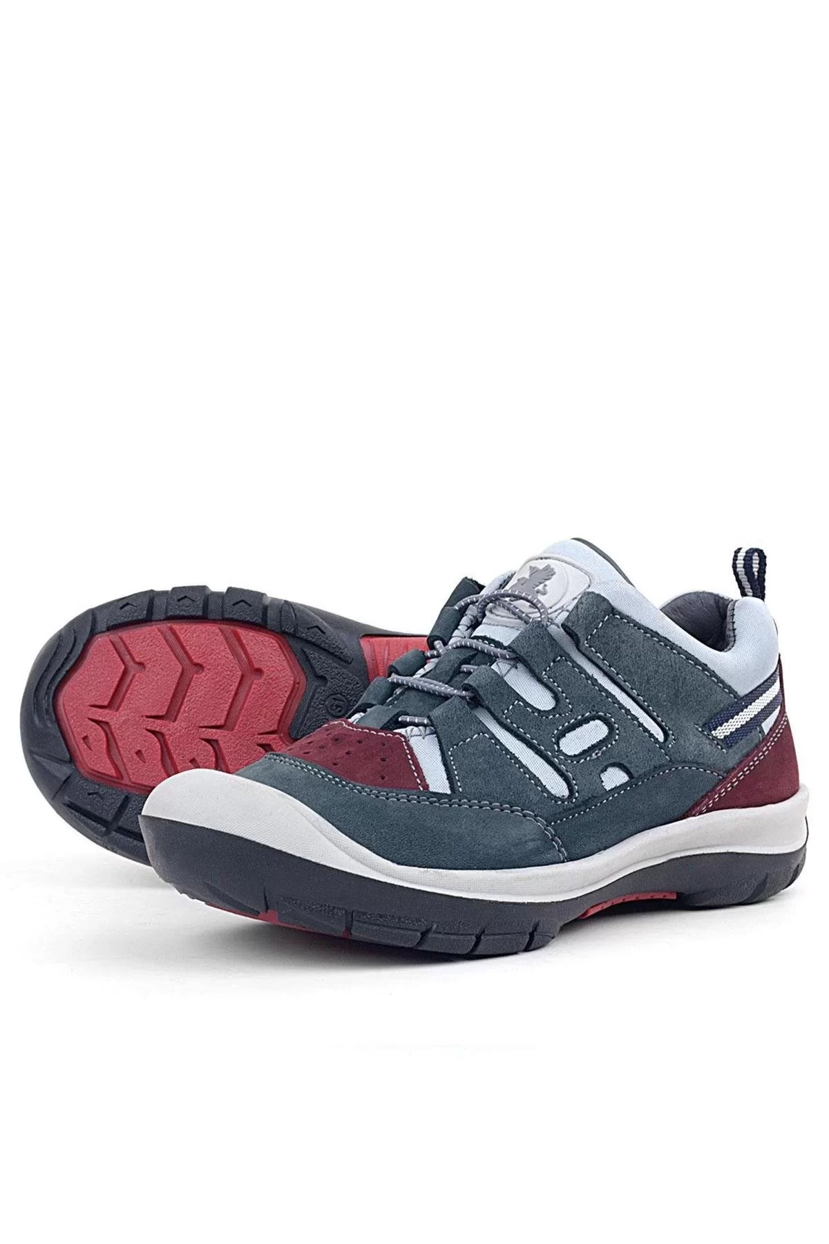 Rakerplus Hakiki Deri Gri Bordo Lastik Bağcıklı Çocuk Outdoor Ayakkabı