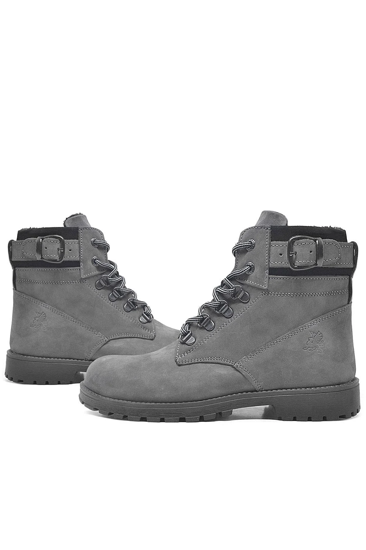 Rakerplus Hakiki Deri Gri Fermuarlı Bağcıklı Kürklü Bot