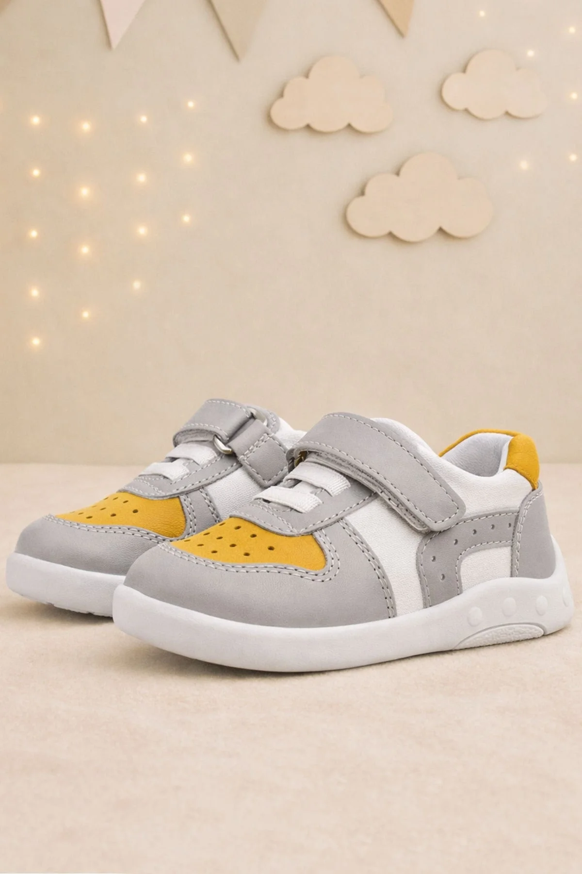 Rakerplus Hakiki Deri Gri Sarı Anatomik Bebek Spor Ayakkabı