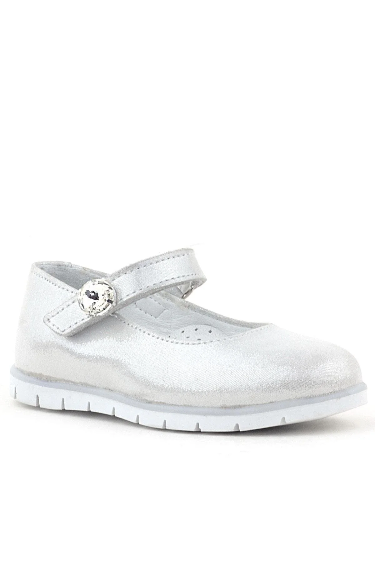 Rakerplus Hakiki Deri Gümüş Cırt Cırtlı Taş Detaylı Kız Çocuk Babet