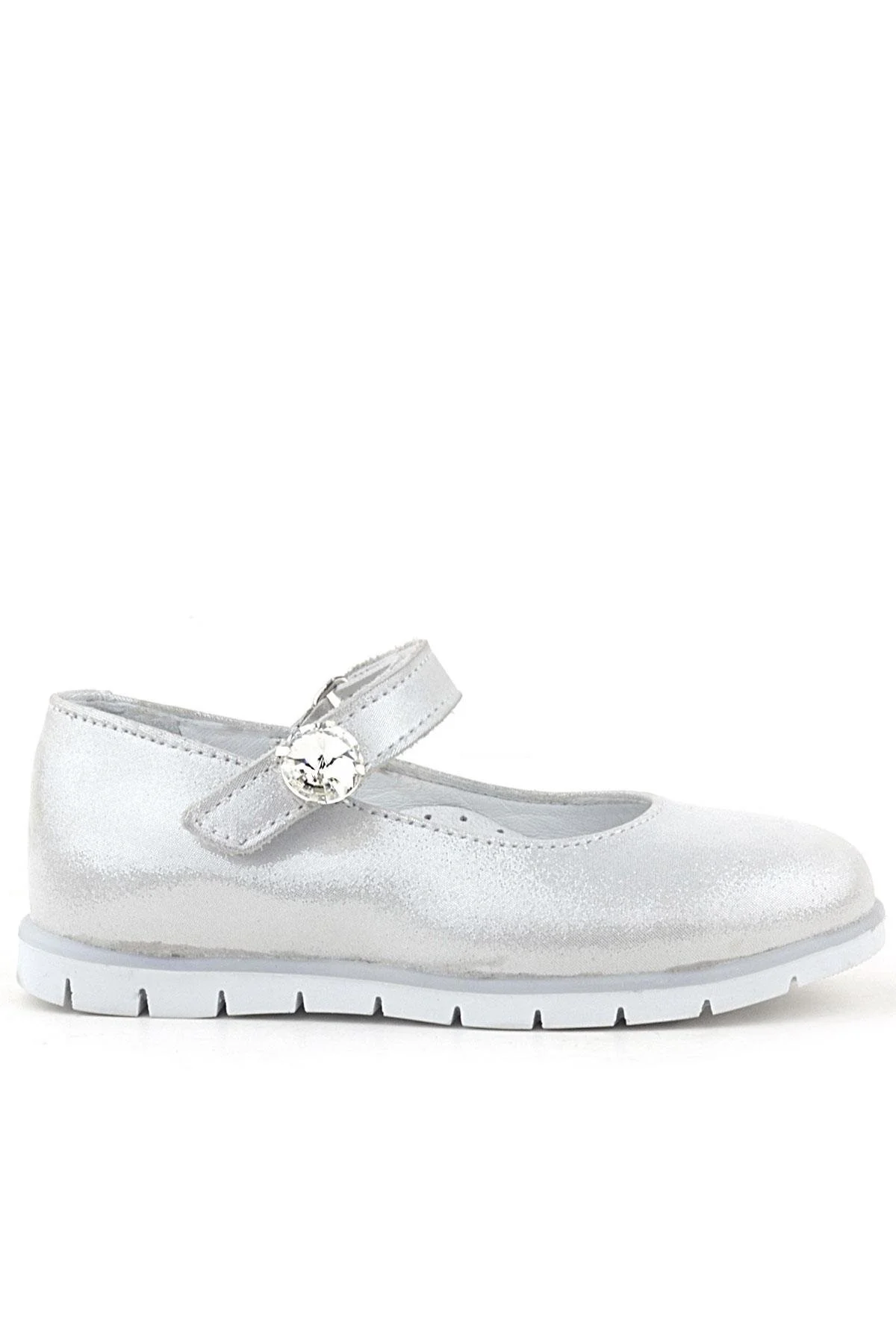Rakerplus Hakiki Deri Gümüş Cırt Cırtlı Taş Detaylı Kız Çocuk Babet