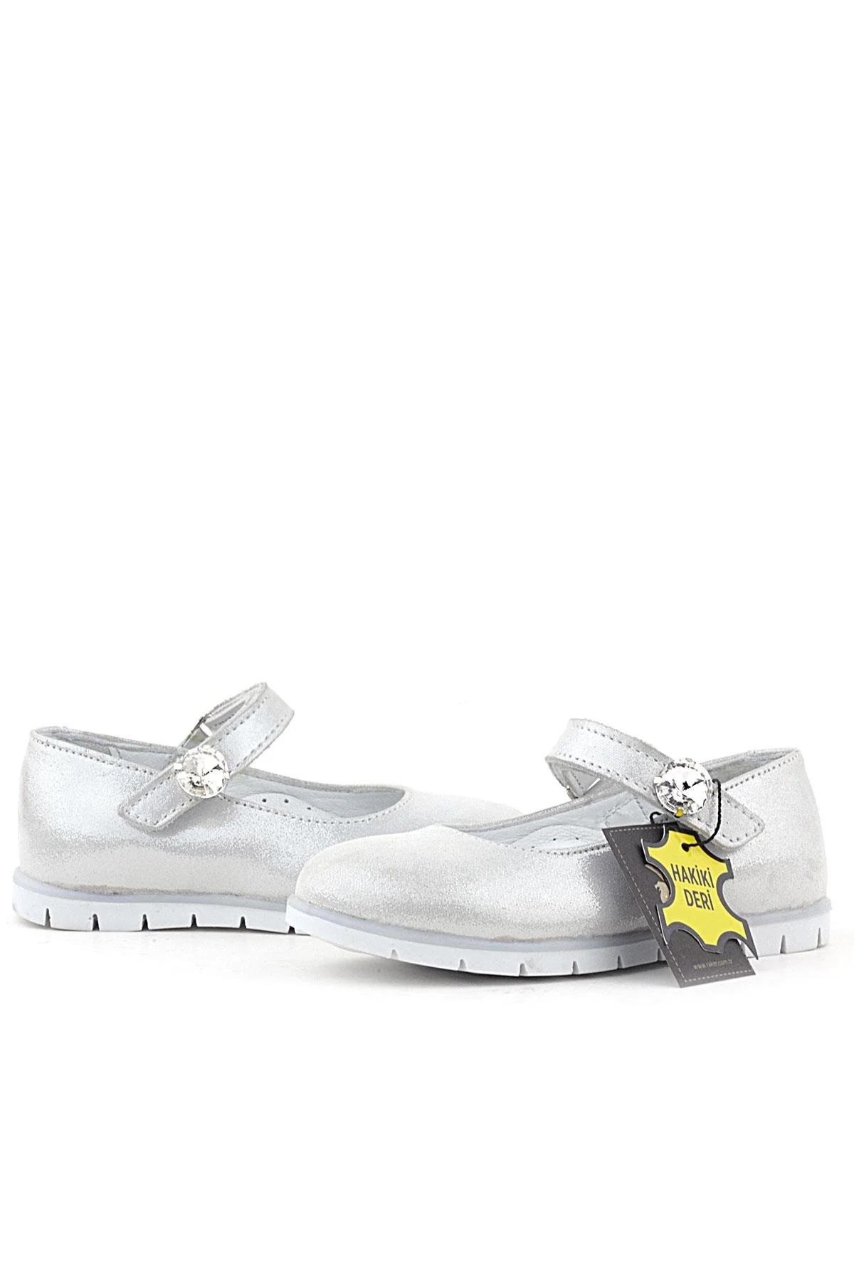 Rakerplus Hakiki Deri Gümüş Cırt Cırtlı Taş Detaylı Kız Çocuk Babet