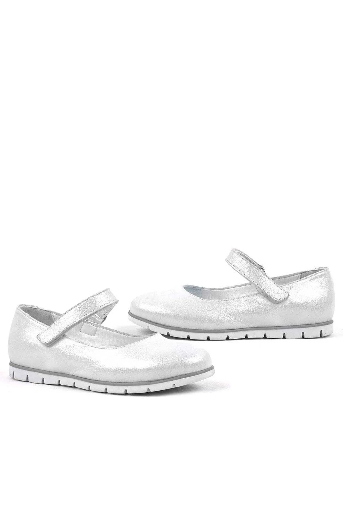 Rakerplus Hakiki Deri Gümüş Cırtlı Kız Çocuk Babet