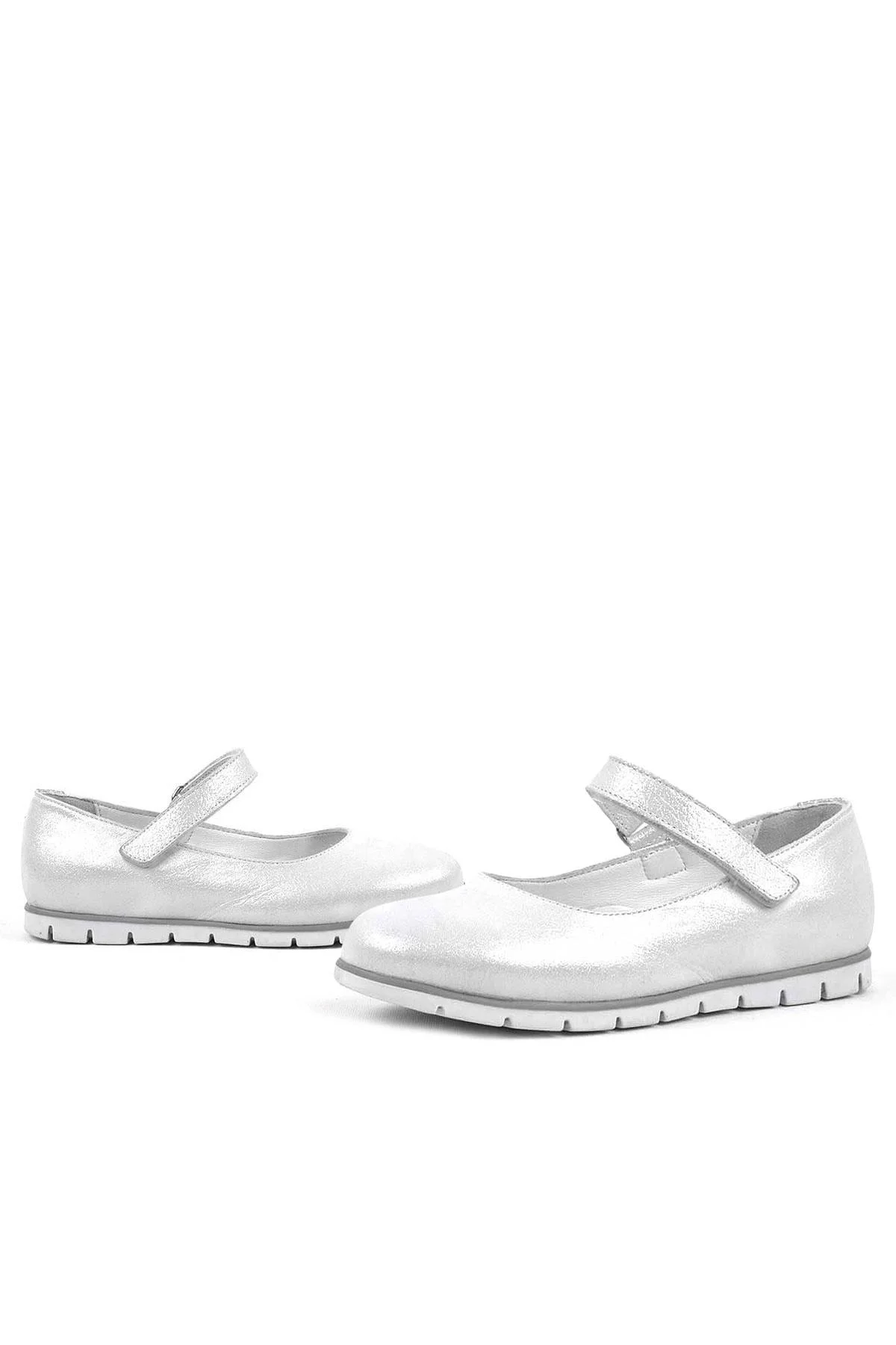 Rakerplus Hakiki Deri Gümüş Cırtlı Kız Çocuk Babet