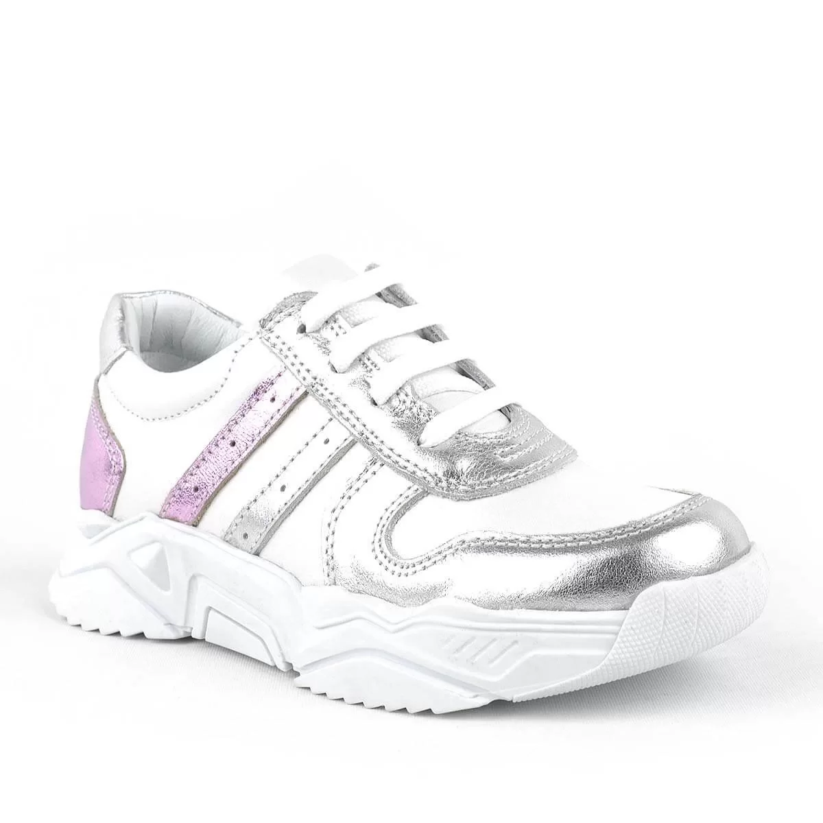 Rakerplus Hakiki Deri Gümüş Pembe Kalın Tabanlı Kız Çocuk Sneakers Ayakkabı