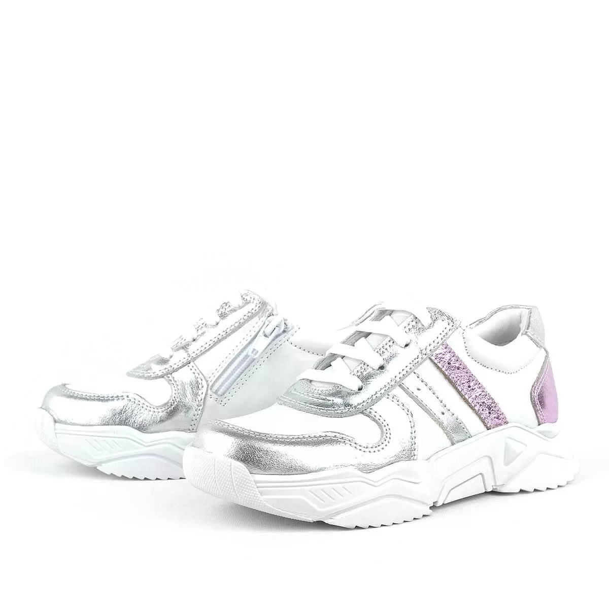 Rakerplus Hakiki Deri Gümüş Pembe Kalın Tabanlı Kız Çocuk Sneakers Ayakkabı