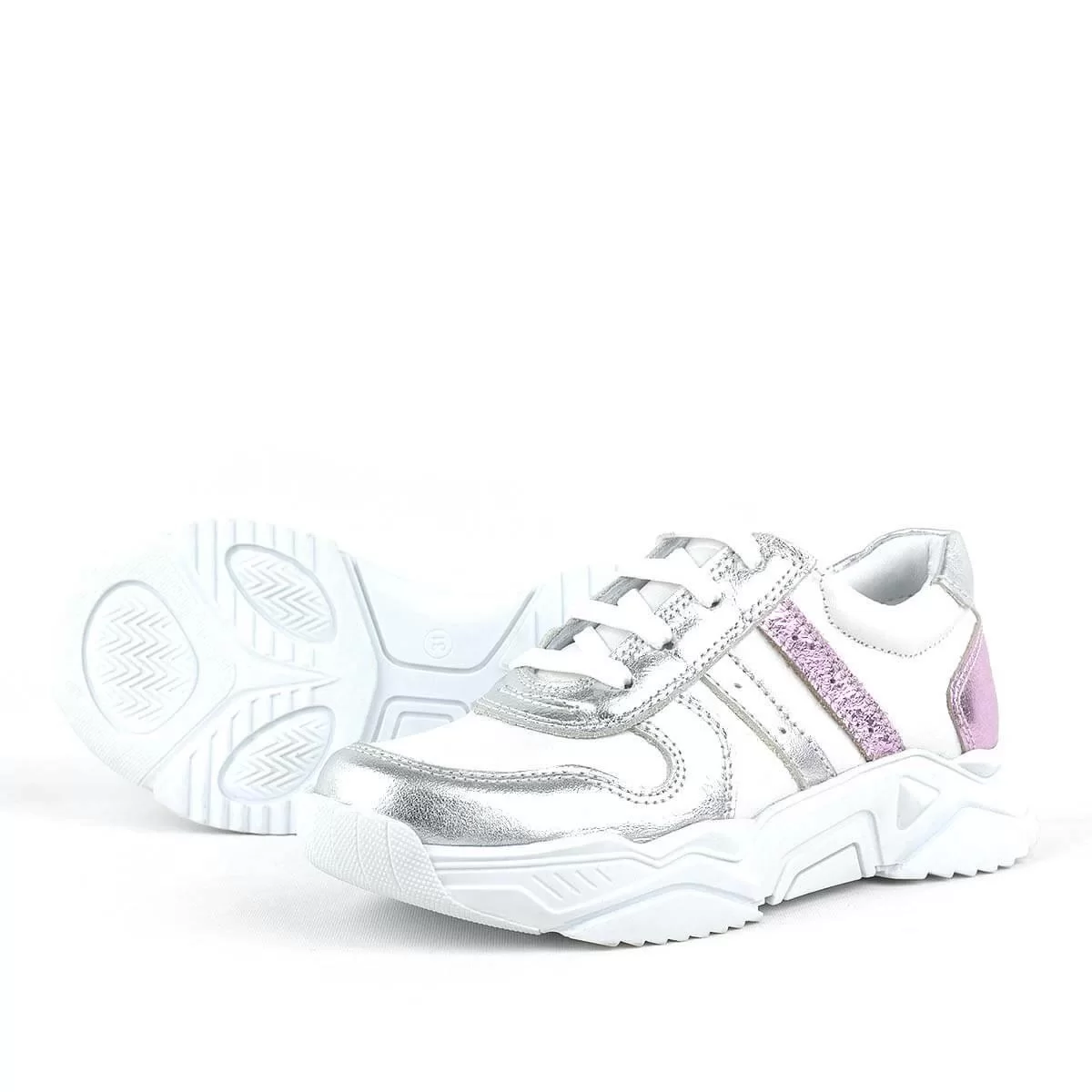 Rakerplus Hakiki Deri Gümüş Pembe Kalın Tabanlı Kız Çocuk Sneakers Ayakkabı