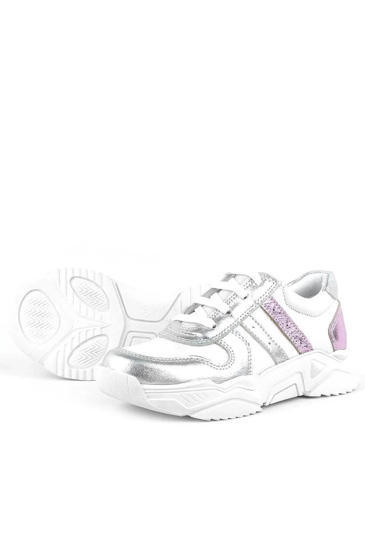 Rakerplus Hakiki Deri Gümüş Pembe Kalın Tabanlı Kız Çocuk Sneakers Ayakkabı