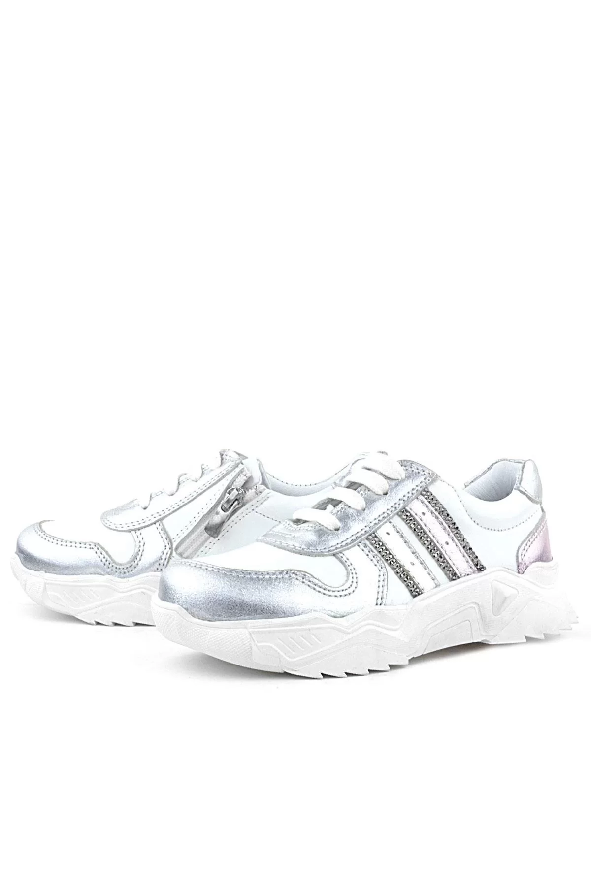Rakerplus Hakiki Deri Gümüş Pembe Parlak Taşlı Kız Çocuk Sneakers Ayakkabı