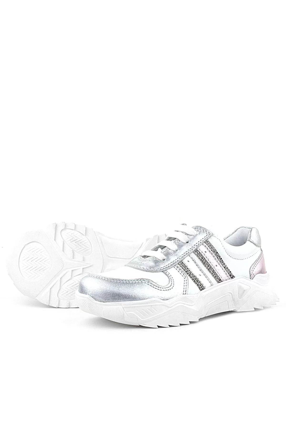 Rakerplus Hakiki Deri Gümüş Pembe Parlak Taşlı Kız Çocuk Sneakers Ayakkabı