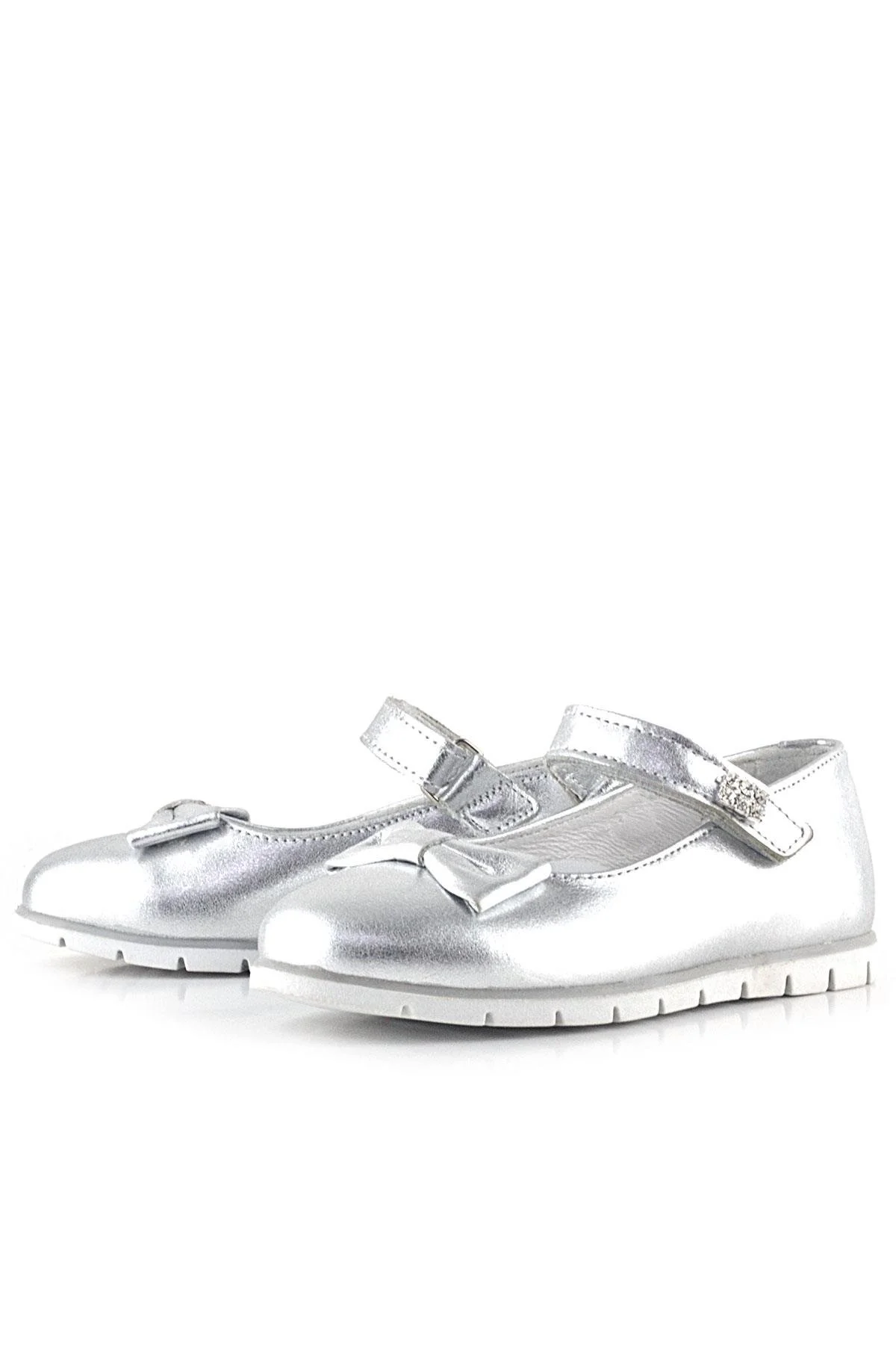 Rakerplus Hakiki Deri Gümüş Taşlı Cırtlı Kız Çocuk Babet