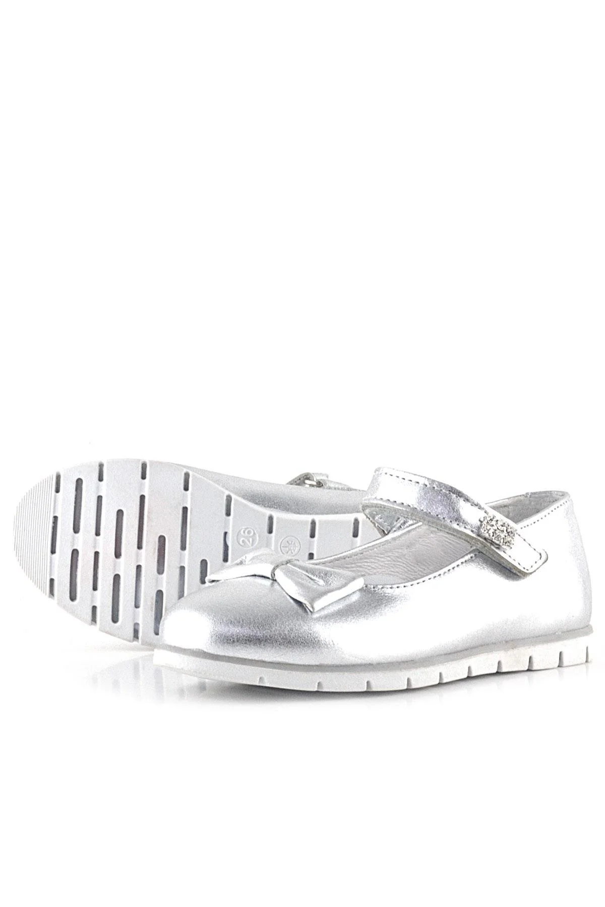 Rakerplus Hakiki Deri Gümüş Taşlı Cırtlı Kız Çocuk Babet