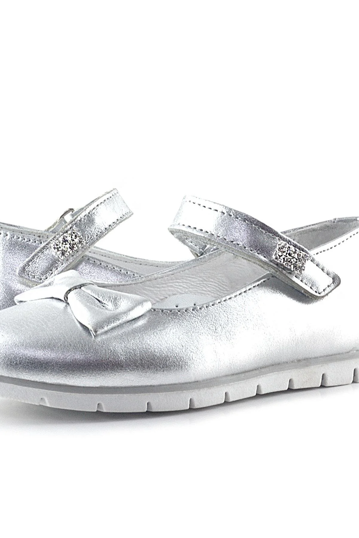 Rakerplus Hakiki Deri Gümüş Taşlı Cırtlı Kız Çocuk Babet