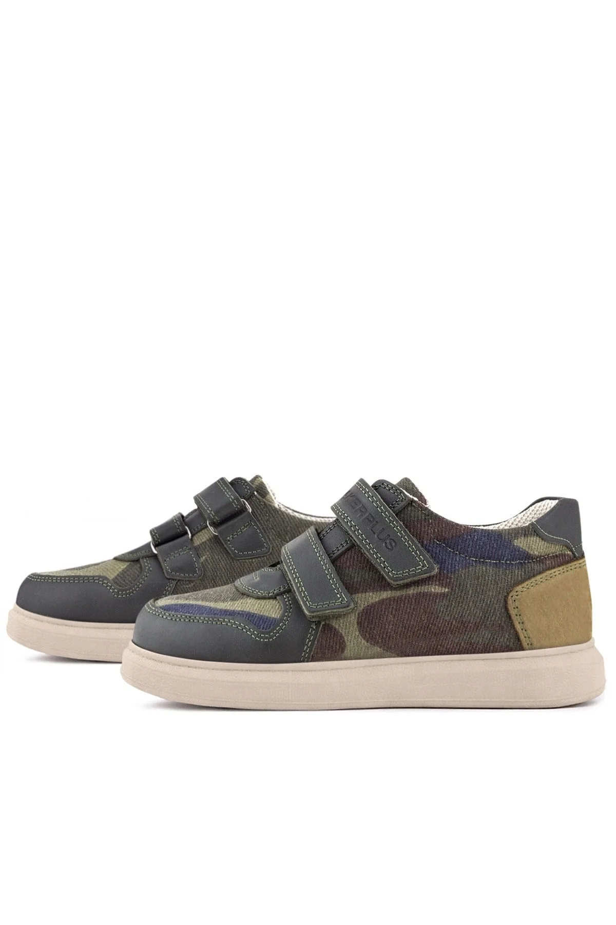 Rakerplus Hakiki Deri Haki Kamuflaj Desenli Cırtlı Hafif Tabanlı Erkek Çocuk Spor Ayakkabı