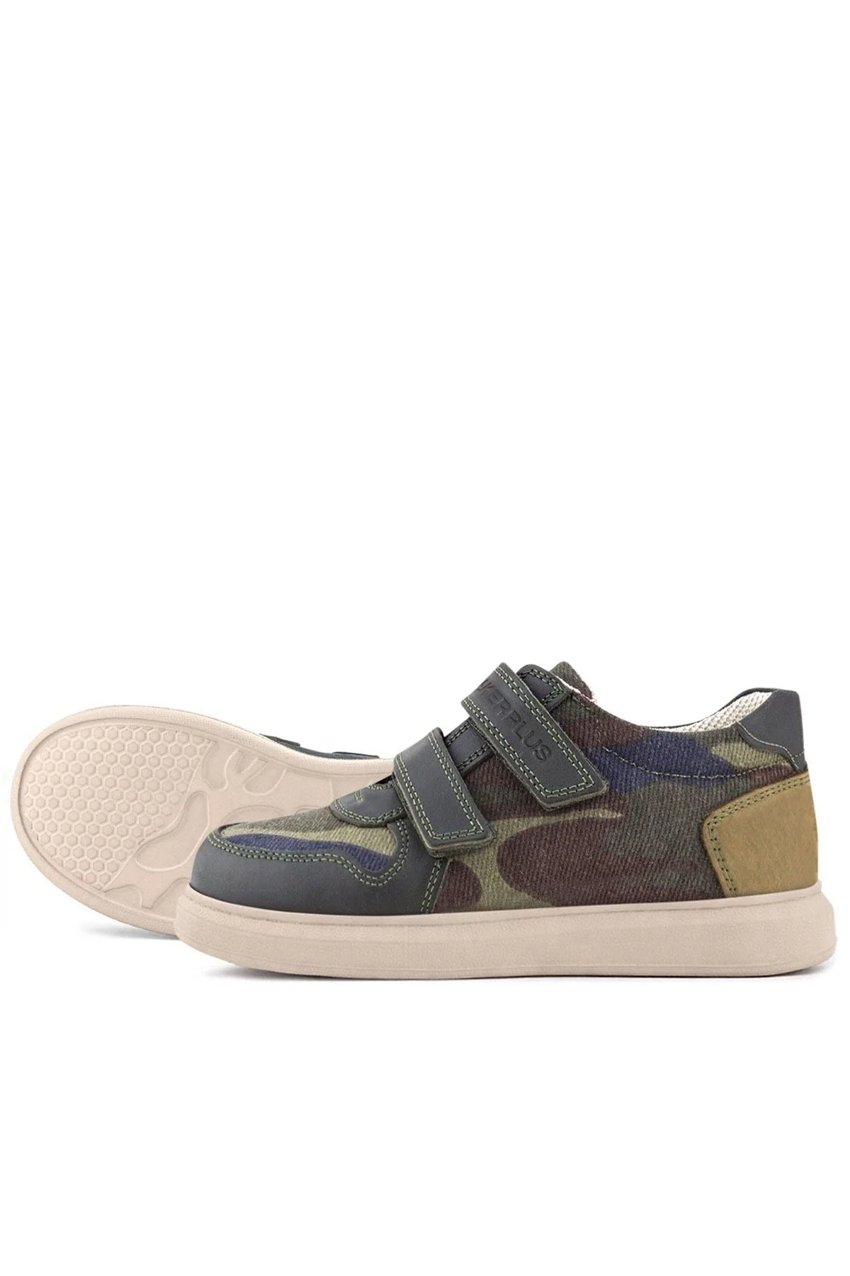 Rakerplus Hakiki Deri Haki Kamuflaj Desenli Cırtlı Hafif Tabanlı Erkek Çocuk Spor Ayakkabı