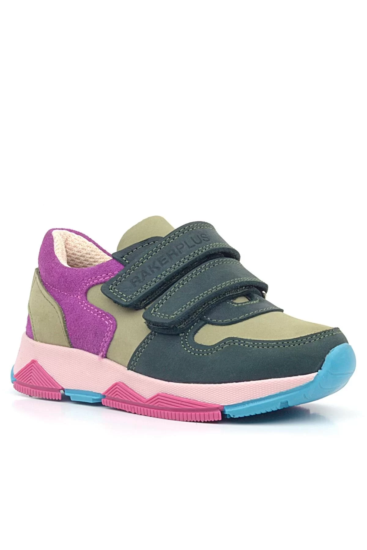 Rakerplus Hakiki Deri Haki Yeşil Fuşya Çocuk Cırtlı Sneakers Spor Ayakkabı