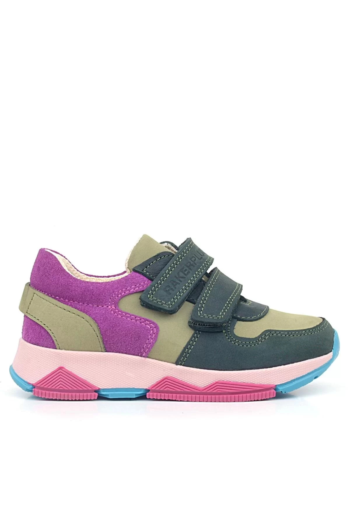 Rakerplus Hakiki Deri Haki Yeşil Fuşya Çocuk Cırtlı Sneakers Spor Ayakkabı